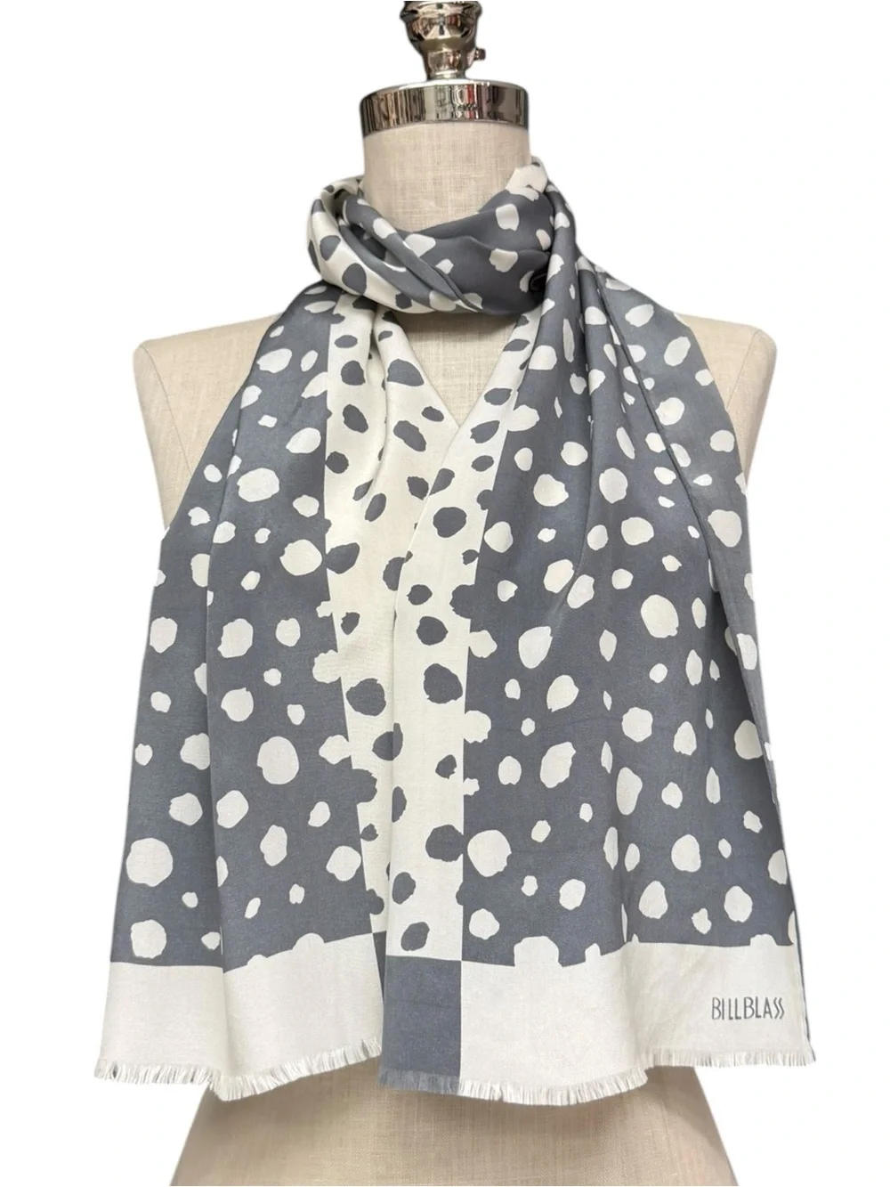 Vintage Bill Blass Gray Ivory Spotted Silk Scarf 80s Polka Dot Abstract Grey